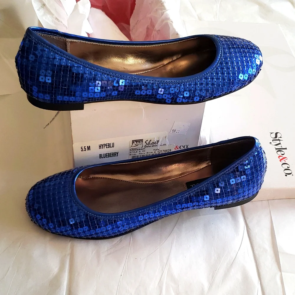 Style & Co New Flats Sequined Shoes BLUE NIB Women's 5.5 - Picture 4 of 15